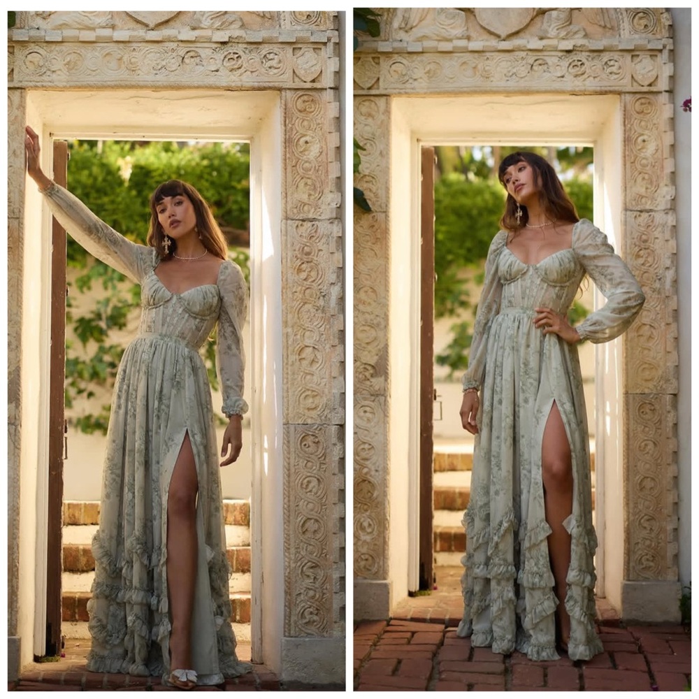 V. Chapman Light Sage Green Floral Maxi Dress with High Slit